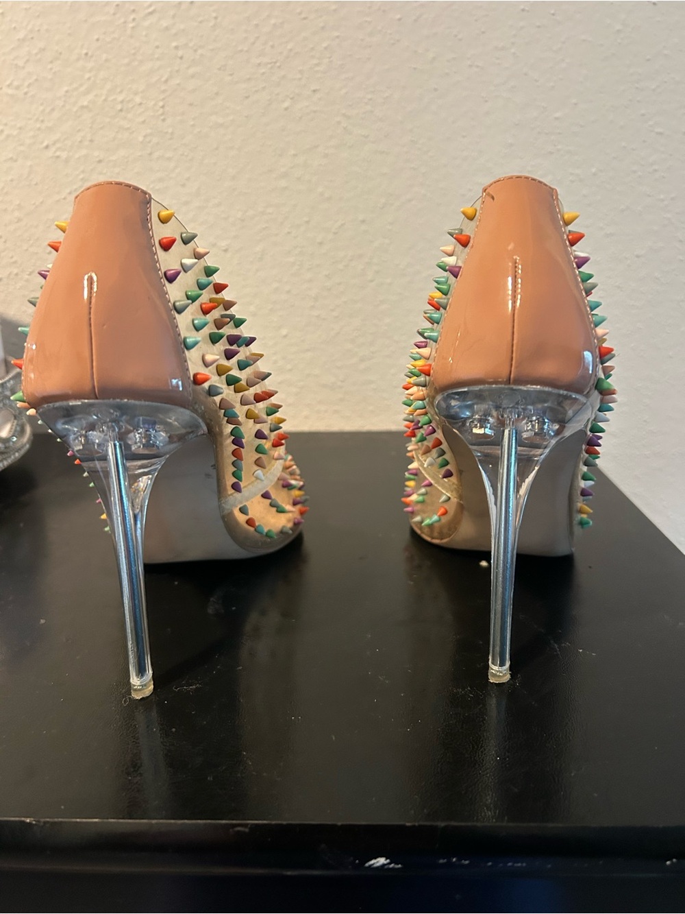 Steve Madden Nude Patent Pointed Stiletto Pumps with Multicolor Spikes
